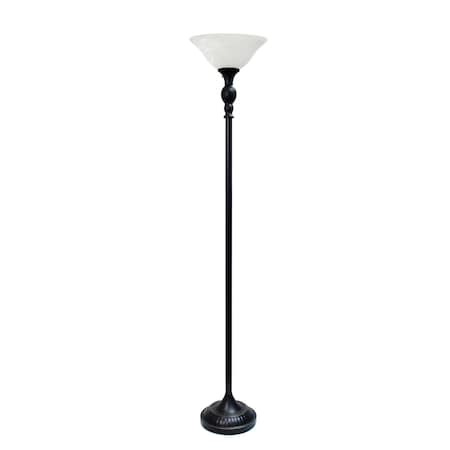 1 Light Floor Lamp With Marbelized Glass Shade, Bronze And White